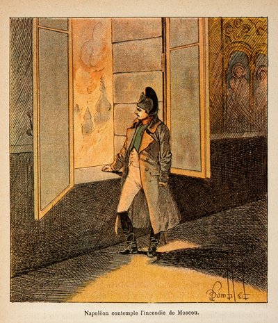 由Bombled Louis（1862-1927）绘制的插图，出自Emmanuel de Las Cases伯爵（1766-1842）的《圣海伦纪念》一书。1812年9月，拿破仑皇帝在莫斯科的大火中沉思，私人收藏。 作者 路易斯·查尔斯·邦布尔