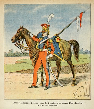 埃马纽埃尔-德-拉斯-库斯伯爵（1766-1842）所著的《圣赫勒拿纪念》一书中的路易炸弹（1862-1927）插图。荷兰长枪手的肖像（帝国卫队第二轻骑团的红色长枪手），私人收藏品 作者 Louis Charles Bombled