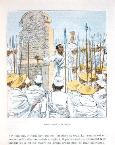 巫师在1895年法国占领马达加斯加后宣扬反法，插图来自D.H.Galli的《马达加斯加的战争》，19世纪末（彩色平印）。 作者 路易斯·查尔斯·邦布尔