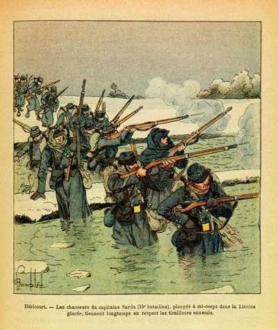 被称为Grenest的Eugene Sergeant的东部军团，由Louis Bombled（1862-1927）绘制（法德战争；1870-1871年的战役）。1871年1月，Hericourt，Sarda上尉的猎人半身潜入冰川Lisaine，在冰川中停留了很长时间。 作者 路易斯·查尔斯·邦布尔