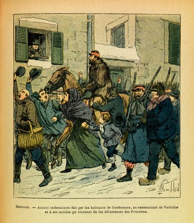 被称为Grenest的尤金-谢尔盖的东部军团，由路易斯-邦布尔德（1862-1927）绘制（法德战争；1870-1871年的战役）。1871年1月，Hericourt，Couthenans的居民对Vaulchier的指挥官和他的妻子表示了热情。 作者 路易斯·查尔斯·邦布尔