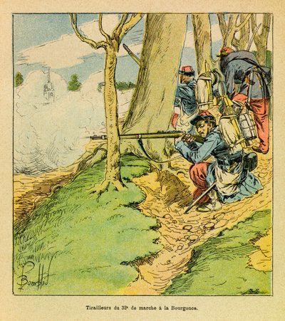 被称为Grenest的Eugene Sergeant的东部军团，由Louis Bombled（1862-1927）绘制（法德战争；1870-1871年的战役）。在杜普尔将军的命令下，在1870年10月的拉布尔贡斯战役中，第32军的一名射手，普里瓦 作者 路易斯·查尔斯·邦布尔