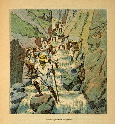 马达加斯加的战争--1885-1895年法国远征的轶事史》，作者是亨利-加利（Henri Galli dit Galllichet）（1854-1922），由路易斯-邦布尔（Louis Bombled）（1862-1927）绘制。1895年的马达加斯加运输部队，私人收藏 作者 路易斯·查尔斯·邦布尔