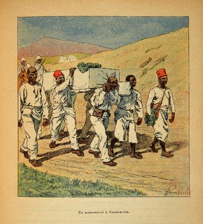 马达加斯加的战争--1885-1895年法国远征的轶事史》，作者亨利-加利（Henri Galli dit Galllichet）（1854-1922），由路易斯-邦布雷（Louis Bombled）（1862-1927）插图。1895年在沙哈拉索特拉的一个士兵的葬礼，私人收藏 作者 路易斯·查尔斯·邦布尔