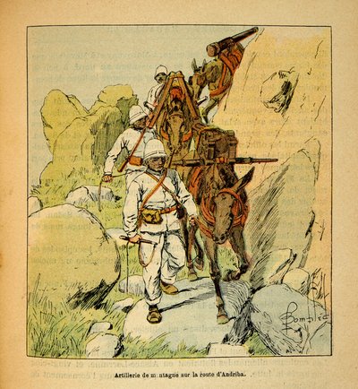 马达加斯加的战争--1885-1895年法国远征的轶事史》，作者亨利-加利（Henri Galli dit Galllichet）（1854-1922），由路易斯-邦布雷（Louis Bombled）（1862-1927）绘制。1895年在通往马达加斯加的安德里巴路上的山地炮兵，私人收藏 作者 路易斯·查尔斯·邦布尔