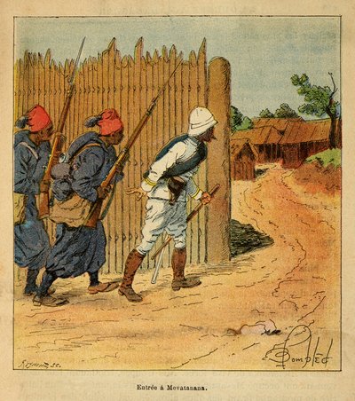 马达加斯加的战争--1885-1895年法国远征的轶事史》，作者亨利-加利（Henri Galli dit Galllichet）（1854-1922），由路易斯-邦布雷（Louis Bombled）（1862-1927）绘制。法国军队于1895年进入梅瓦塔纳纳村，私人收藏品 作者 路易斯·查尔斯·邦布尔