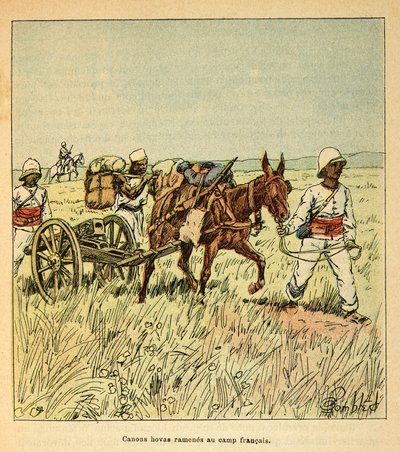 马达加斯加的战争--1885-1895年法国远征的轶事史，作者是亨利-加利（Henri Galli dit Galllichet）（1854-1922），由路易斯-邦布雷（Louis Bombled）（1862-1927）绘制：霍瓦斯大炮被带回法国营地，私人收藏 作者 路易斯·查尔斯·邦布尔