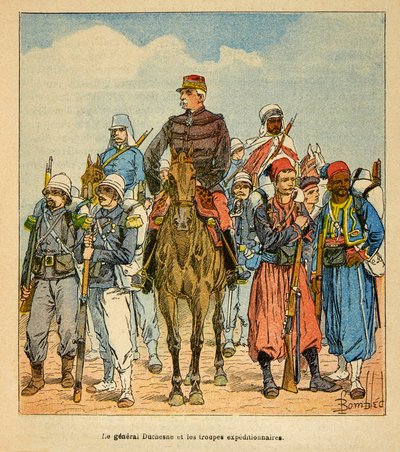 马达加斯加的战争--1885-1895年法国远征的轶事史》，作者亨利-加利（Henri Galli dit Galllichet）（1854-1922），由路易斯-邦布雷（Louis Bombled）（1862-1927）插图。Duchesne将军与马达加斯加远征军，私人收藏 作者 路易斯·查尔斯·邦布尔