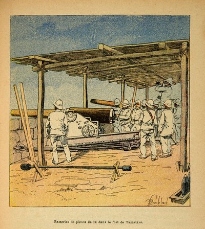 马达加斯加的战争--1885-1895年法国远征的轶事史》，作者亨利-加利（Henri Galli dit Galllichet）（1854-1922），由路易斯-邦布雷（Louis Bombled）（1862-1927）绘制。1895年在塔马塔夫堡垒的14件大鼓，私人收藏 作者 路易斯·查尔斯·邦布尔