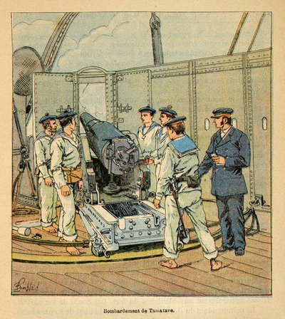 马达加斯加的战争--1885-1895年法国远征的轶事史》，作者亨利-加利（Henri Galli dit Galllichet）（1854-1922），由路易斯-邦布尔德（Louis Bombled）（1862-1927）插图。法国海军对塔马塔夫的轰炸，私人收藏 作者 路易斯·查尔斯·邦布尔