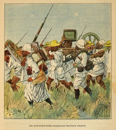 马达加斯加的战争--1885-1895年法国远征的轶事史》，作者亨利-加利（Henri Galli dit Galllichet）（1854-1922），由路易斯-邦布尔德（Louis Bombled）（1862-1927）绘制插图。囚犯Hovas用来运输大炮的部件，私人收藏 作者 路易斯·查尔斯·邦布尔