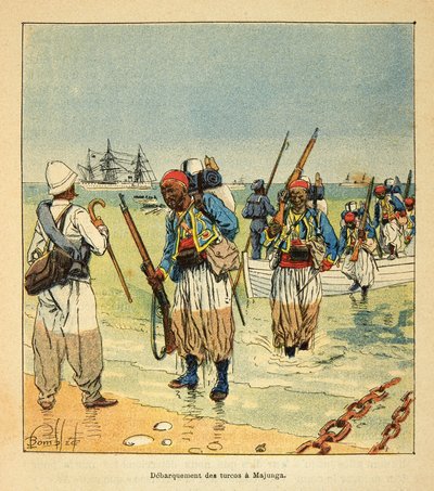 马达加斯加的战争--1885-1895年法国远征的轶事史》，作者亨利-加利（Henri Galli dit Galllichet）（1854-1922），由路易斯-邦布尔德（Louis Bombled）（1862-1927）插图。Debarquement des Turcos a Majunga，私人收藏 作者 路易斯·查尔斯·邦布尔