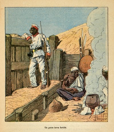 马达加斯加的战争--1885-1895年法国远征的轶事史》，作者亨利-加利（Henri Galli dit Galllichet）（1854-1922），由路易斯-邦布尔德（Louis Bombled）（1862-1927）插图。霍瓦岗的防御工事，私人收藏 作者 路易斯·查尔斯·邦布尔
