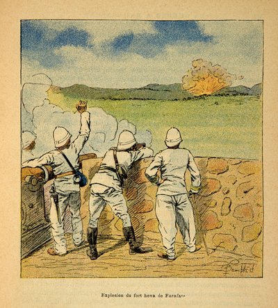 马达加斯加的战争--1885-1895年法国远征的轶事史》，作者亨利-加利（Henri Galli dit Galllichet）（1854-1922），由路易斯-邦布雷（Louis Bombled）（1862-1927）插图。1895年法拉法特的霍瓦堡的爆炸，私人收藏品 作者 路易斯·查尔斯·邦布尔