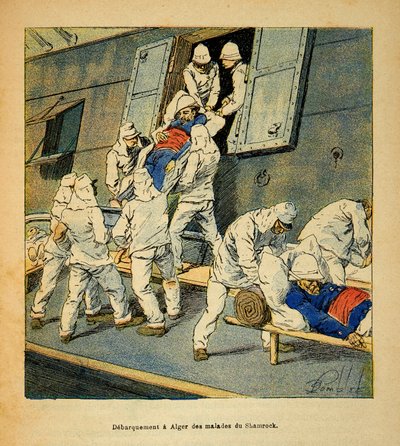 马达加斯加的战争--1885-1895年法国远征的轶事史》，作者是亨利-加利（Henri Galli dit Galllichet）（1854-1922），由路易斯-邦布尔（Louis Bombled）（1862-1927）绘制。1895年，"三叶草 "号医院船的病号在阿尔及尔登岸，他们来自马达加斯加。 作者 路易斯·查尔斯·邦布尔