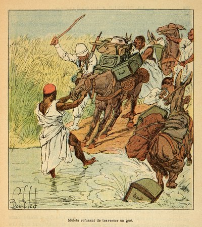 马达加斯加的战争--1885-1895年法国远征的轶事史》，作者是亨利-加利（Henri Galli dit Galllichet）（1854-1922），由路易斯-邦布尔（Louis Bombled）（1862-1927）绘制。1895年法国远征马达加斯加期间，骡子们拒绝穿过一条沟，士兵C 作者 路易斯·查尔斯·邦布尔