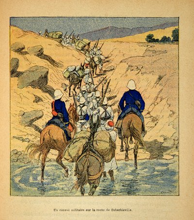 马达加斯加的战争--1885-1895年法国远征的轶事史》，作者亨利-加利（Henri Galli dit Galllichet）（1854-1922），由路易斯-邦布雷（Louis Bombled）（1862-1927）绘制：1895年在通往苏贝维耶的路上的军事车队，私人收藏 作者 路易斯·查尔斯·邦布尔