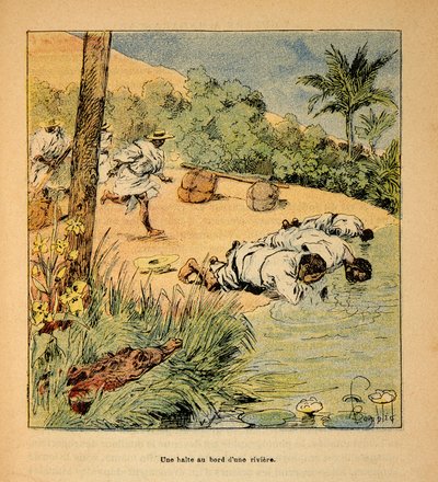 马达加斯加的战争--1885-1895年法国远征的轶事史》，作者是亨利-加利（Henri Galli dit Galllichet）（1854-1922），由路易斯-邦布尔（Louis Bombled）（1862-1927）绘制。1895年在河边的停留，私人收藏 作者 路易斯·查尔斯·邦布尔