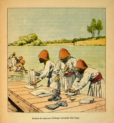The War in Madagascar-Anecdotal History of the French Expeditions of 1885-1895 by Henri Galli dit Galllichet (1854-1922), illustrated by Louis Bombled (1862-1927): Soldiers of the African Regiment cleaning their laundry on the banks of a river in Madagasca 作者 路易斯·查尔斯·邦布尔