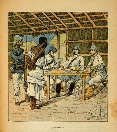 The War in Madagascar-Anecdotal History of the French Expeditions of 1885-1895 by Henri Galli dit Galllichet (1854-1922), illustrated by Louis Bombled (1862-1927): Interrogation of a Hovas prisoner by the French, Private Collection 作者 路易斯·查尔斯·邦布尔