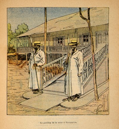 马达加斯加的战争--1885-1895年法国远征的轶事史》，作者亨利-加利（Henri Galli dit Galllichet）（1854-1922），由路易斯-邦布尔（Louis Bombled）（1862-1927）绘制。1895年在塔纳纳里夫的拉纳瓦罗纳女王亭，私人收藏。 作者 路易斯·查尔斯·邦布尔