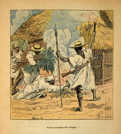 马达加斯加的战争--1885-1895年法国远征的轶事史》，作者亨利-加利（Henri Galli dit Galllichet）（1854-1922），由路易斯-邦布雷（Louis Bombled）（1862-1927）绘制：霍瓦斯焚烧村庄，私人收藏 作者 路易斯·查尔斯·邦布尔