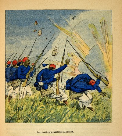 马达加斯加战争 - 1885 年至 1895 年法国远征的轶事历史，亨利·加利·迪特·加利谢 (Henri Galli dit Galllichet，1854-1922 年)，路易斯·邦布尔德 (Louis Bombled，1862-1927 年) 插图：1895 年在安德里巴战斗期间的 Sakalave Tirailleurs，私人收藏 作者 路易斯·查尔斯·邦布尔