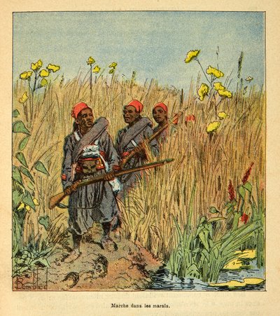 马达加斯加的战争--1885-1895年法国远征的轶事史，作者是亨利-加利（Henri Galli dit Galllichet）（1854-1922），由路易斯-邦布尔（Louis Bombled）（1862-1927）绘制。1895年在马达加斯加沼泽地远征的法国军队，私人收藏 作者 路易斯·查尔斯·邦布尔