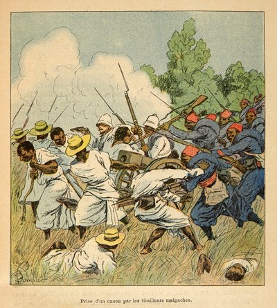 马达加斯加的战争--1885-1895年法国远征的轶事史，作者是亨利-加利（Henri Galli dit Galllichet）（1854-1922），由路易斯-邦布尔（Louis Bombled）（1862-1927）绘制。马达加斯加人在1895年的Ambolomonty战役中缴获了一门大炮，私人收藏。 作者 路易斯·查尔斯·邦布尔