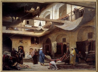 The carpet bazaar in the Khan-Khabil in Cairo in 1866. Painting by Louis Claude Mouchot (1830-1891) 作者 路易斯·克劳德·穆修（Louis Claude Mouchot）