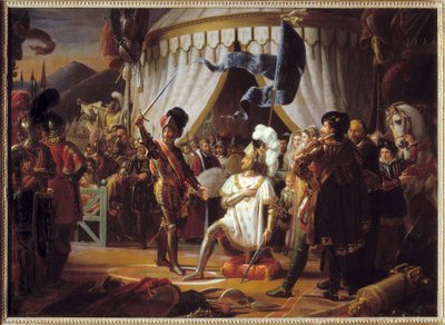 法国的弗朗西斯一世（Francis I）于1515年在意大利马里尼亚诺战役中获胜后，要求被骑士马Bay（Chevalier Bayard）封为爵士- 作者 路易斯·杜西斯