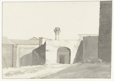 Antieke zuil en gebouwen in haven van Brindisi
Vue éloignee de la colonne Antique [on the port of Brindisi] [布林迪西港口的 Antique 柱远景]]。
意大利、西西里岛和马耳他之旅 - 1778 年（系列标题） 作者 路易斯·杜克罗斯