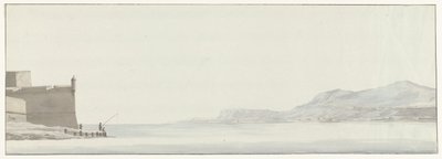 Gezicht op de kust van Calabrië vanaf het uiterste punt van de vesting Messina
从墨西拿城堡外角拍摄的卡拉布里亚海岸景色（标题见实物）
Voyage en Italie, en Sicile et à Malte - 1778（系列标题） 作者 路易斯·杜克罗斯