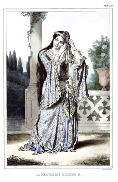 Princess Helene Soutzo. in “” Journey to Athenes and Constantinople, or collection of Greek and Ottoman portraits, views and costumes, painted on places of after nature, lithographs and colories by Louis Dupre (1789-1837), pupil of David.1825. 作者 路易斯杜普雷