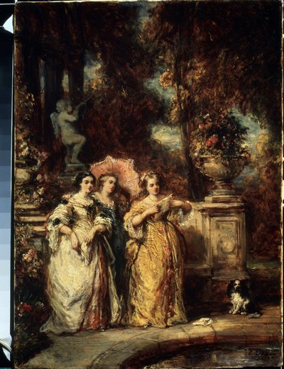 "公园里的三个良家少女。路易-加布里埃尔-尤金-伊萨贝（1803-1886 年）1852 年的画作，莫斯科普希金博物馆 作者 路易斯·尤金·加布里埃尔·伊莎贝