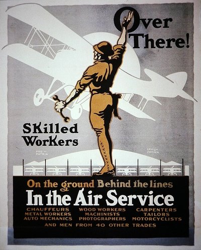 熟练工人在地面上，在防线后方的航空服务"，第一次世界大战的招募海报 作者 路易斯·范彻