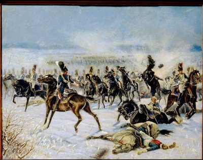 1807 年 2 月 8 日的普鲁士埃劳战役。拿破仑一世（1769-1821 年）的法国大军团与俄罗斯帝国之间的军事对抗。Louis Ferdinand Malespina（1874-1940 年）的作品，布面油画 作者 路易斯-费迪南德·马勒斯皮纳