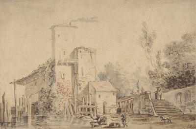河边的农舍与人物，1765年。 作者 路易斯·加布里埃尔·莫罗