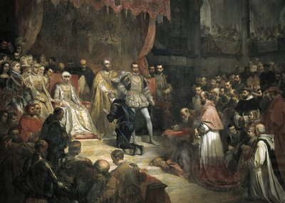 查理五世 (1500-1558) 退位给他的儿子菲利普二世 (1527-1598) 作者 Louis Galna