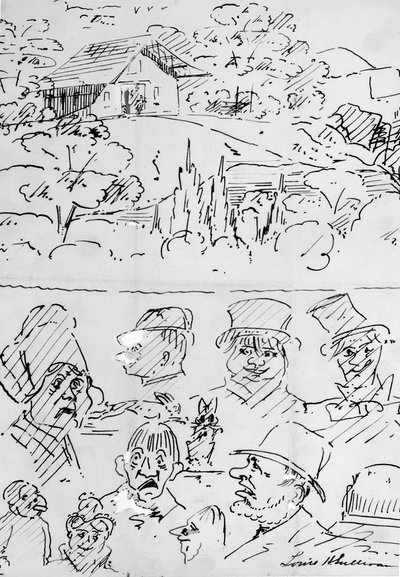 有建筑物的风景（上）和漫画头像研究（下） 作者 路易斯·H·沙利文