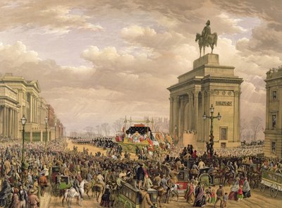 惠灵顿公爵的葬礼，1852年11月18日在Apsley House通过拱门的葬礼车，由Thomas Picken（fl.1838-1870）雕刻，酒吧。作者：阿克曼和戴，1853年 作者 路易斯·哈格
