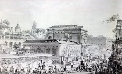 在赫库兰尼姆发现的古物被运往那不勒斯博物馆，约1782年（纸上钢笔、墨水和水彩画 作者 路易·简·德斯普雷斯