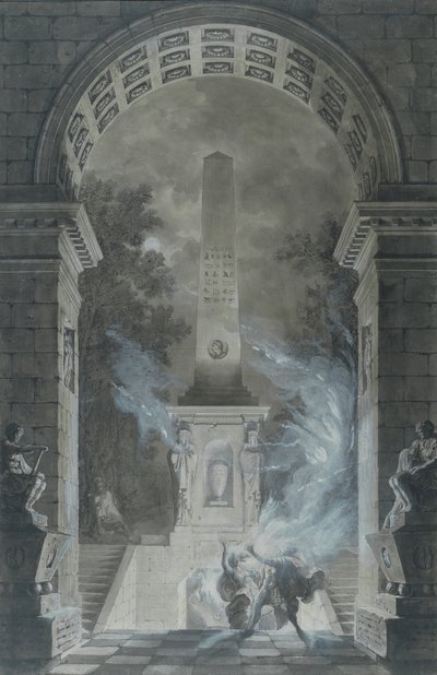 伏尔泰（1694-1778）在塞米勒米斯的悲剧中的场景（钢笔和墨水在纸上） 作者 路易·简·德斯普雷斯