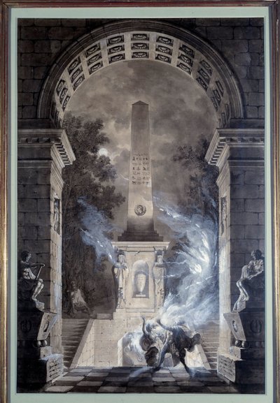 布景：由让·路易斯·德斯普雷 (Jean Louis Desprez，1743-1804 年) 为弗朗索瓦·玛丽·阿鲁埃 (Francois Marie Arouet dit Voltaire) (1694-1778) (1748) 1784 年的作品“塞米拉米斯”(Semiramis) 实现的装饰项目。在提契诺州罐装。 作者 路易·简·德斯普雷斯