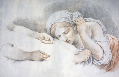 一个年轻的女孩把头靠在另一个女孩的腿上， 作者 路易·让·弗朗索瓦·拉格伦尼