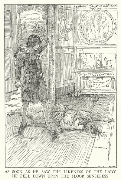 一看到那位女士的模样，他就毫无知觉地倒在地上（石版画） 作者 路易斯·约翰·黑德