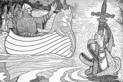 湖中女士 (fee viviane) 的代表，亚瑟王传说中的人物，给予亚瑟王重剑 Excalibur（亚瑟王传说：湖中女士 (Nimue, Viviane) 给予亚瑟王他的剑 Excalibur） 插图由 Louis Rhead (1858) -1 作者 路易斯·约翰·黑德
