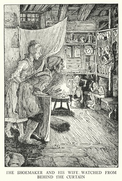 鞋匠和他的妻子从窗帘后面观看（石版画） 作者 路易斯·约翰·黑德