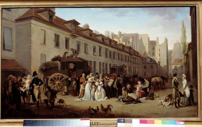 路易·利奥波德·博伊利 (Louis Leopold Boilly，1761-1845 年) 的绘画《信使庭院中的勤奋抵达》。 1803.. 作者 路易斯·利奥波德·博伊