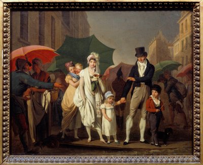穿着巴黎总理帝国时装的布尔乔亚人在雨中保护自己。画家：Louis leopold Boilly (1761-1845) 19世纪 太阳。0,32x0,4米 - 倾盆大雨。穿着第一帝国时装的巴黎资产阶级在保护自己的身体。 作者 路易斯·利奥波德·博伊